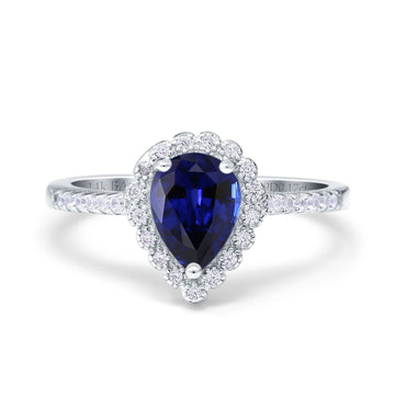 14K White Gold 1.42ct Teardrop Pear Halo 8mmx6mm G SI Lab Blue Sapphire Diamond Engagement Wedding Ring Size 6.5
